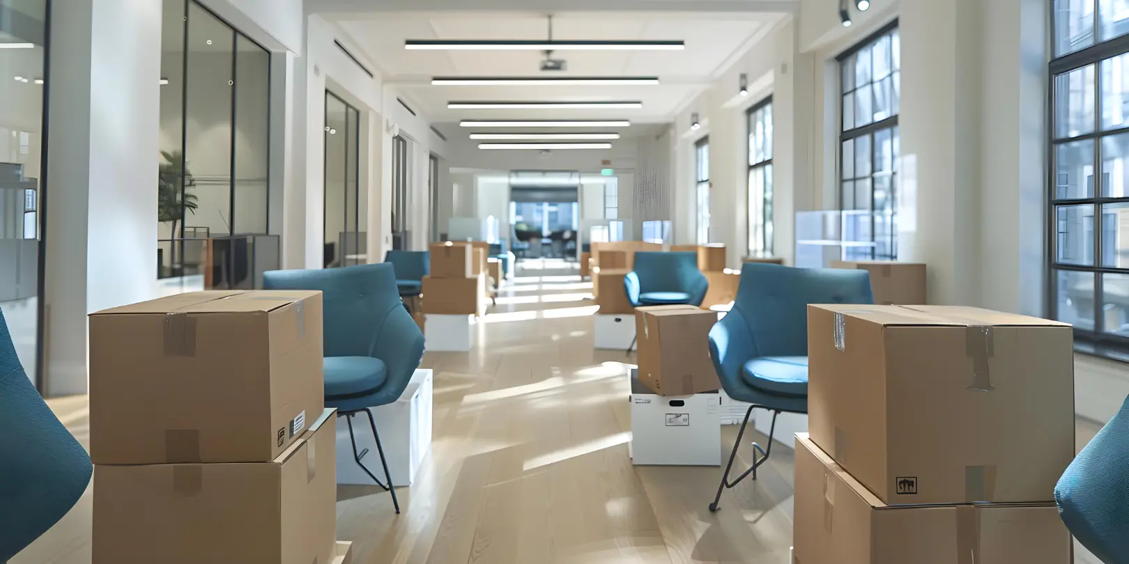 Umzugskartons in einem modernen Büro.