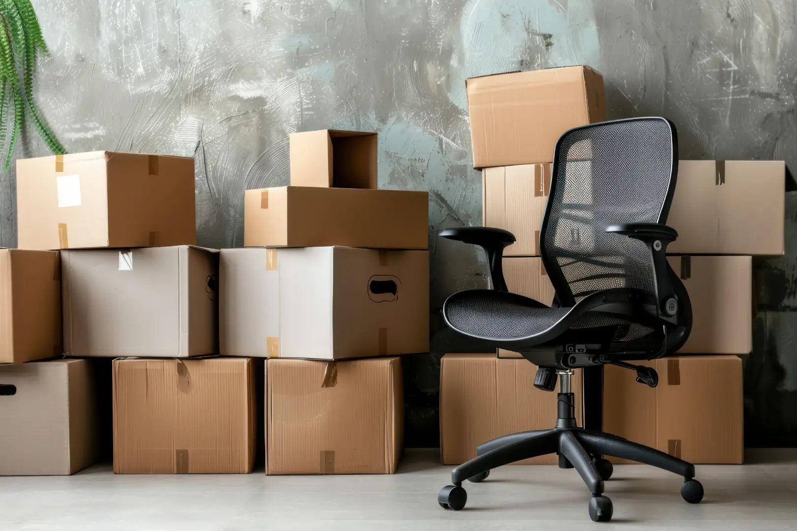 Umzugskartons und ein Bürostuhl bereit für den Transport.