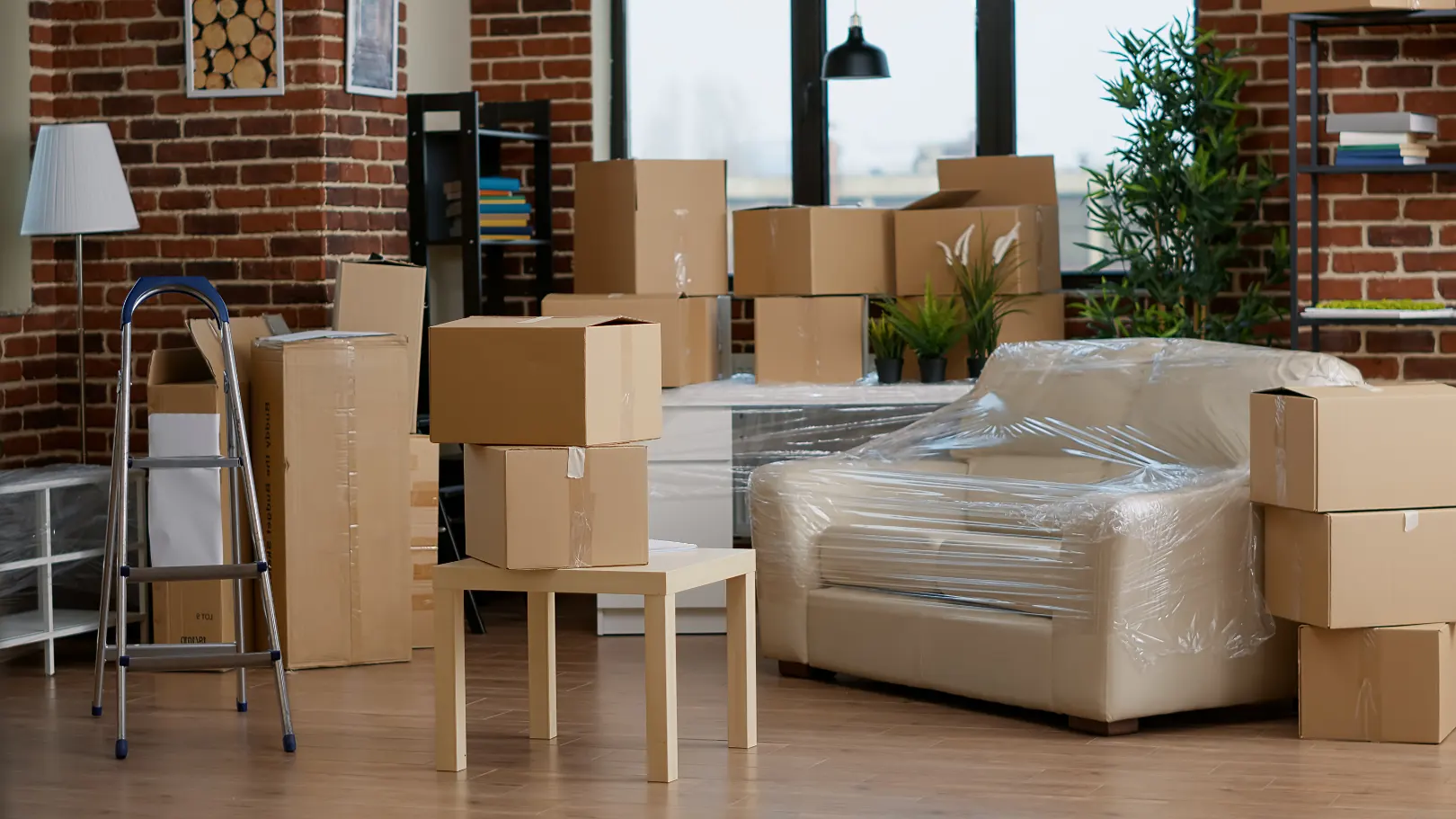 Eingepacktes Sofa und Umzugskartons in einer Wohnung.