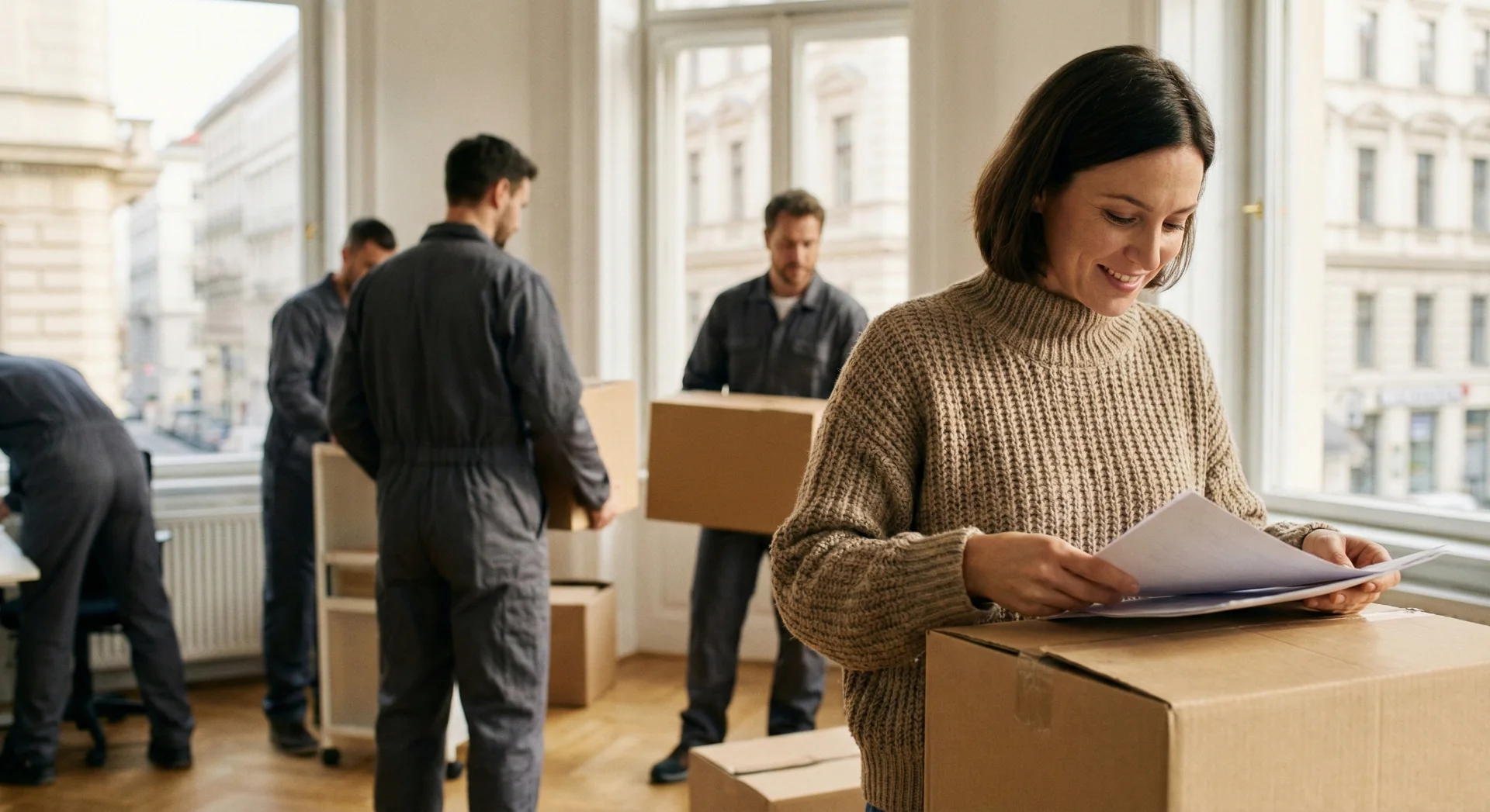 Eine Kundin prüft Dokumente bei einem Umzug.